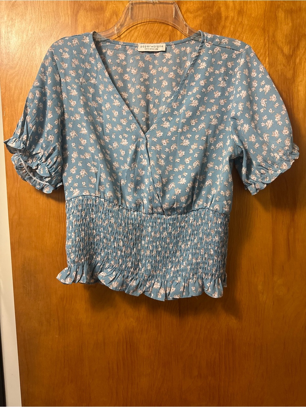 Paper Crane Dusty Blue Floral Smocked V-Neck Blouse